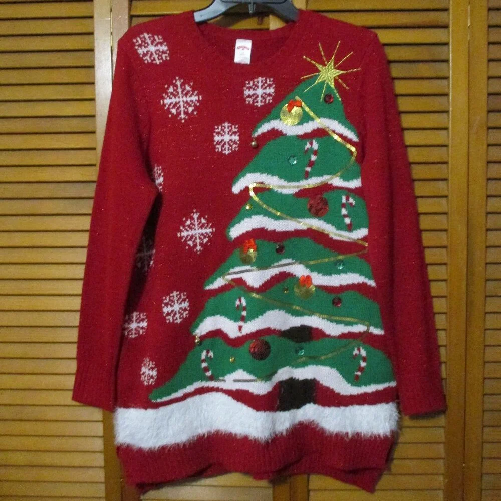 Holiday Time Christmas sweater red sparkle & green tree to decorate size 1x - Picture 2 of 9